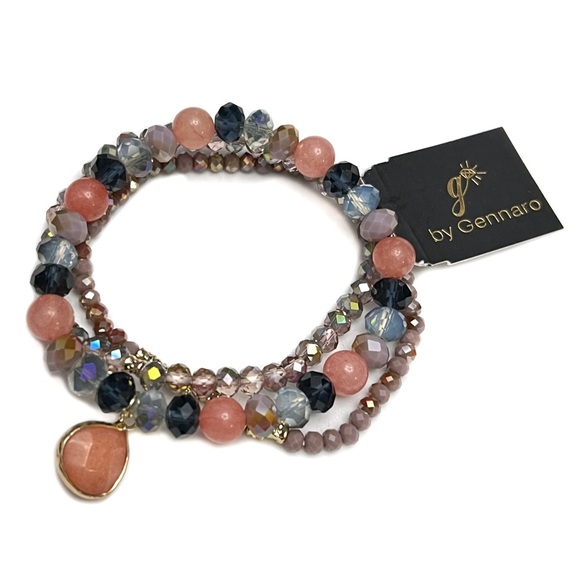 Set of 3 Beaded Stretch Bracelets Rose Pink Multicolor Faux Stone - Picture 2 of 5